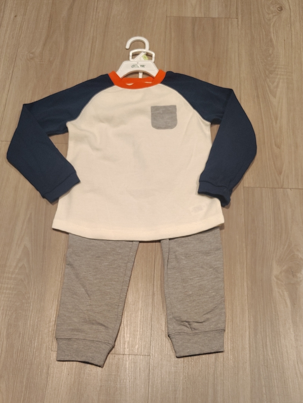 Little Me Navy Sleeve Raglan Top & Grey Joggers with Orange Neckline